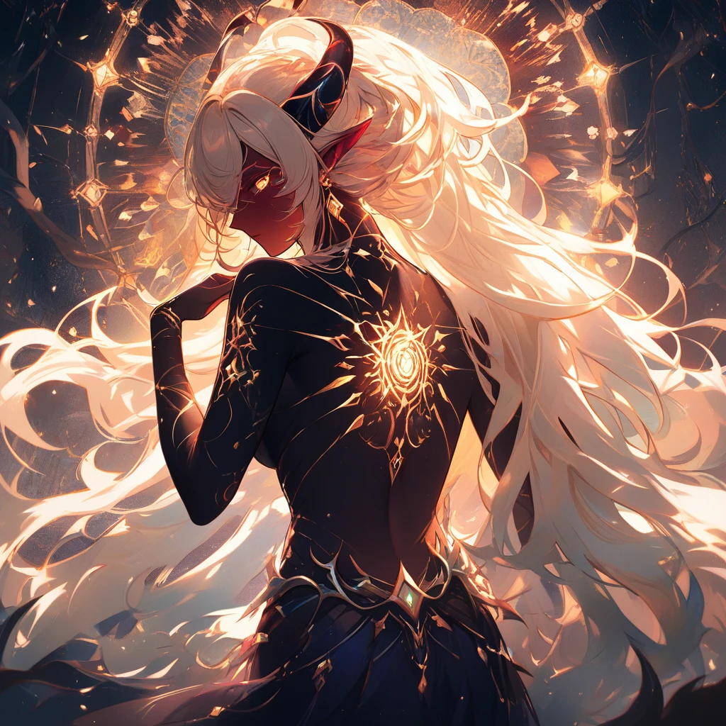 Fantasy tiefling woman showing an intricate back tattoo