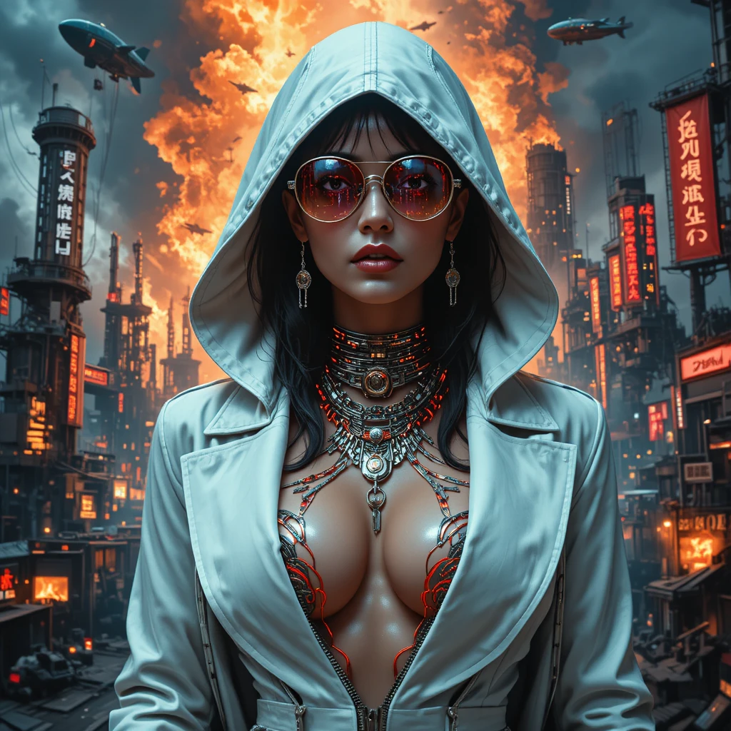 Cyberpunk femme fatale portrait with neon circuitry tattoos