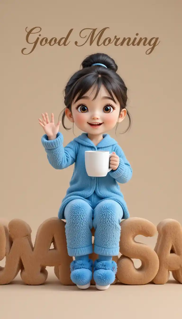 Cute 3D girl sitting on plush Tuesday letters