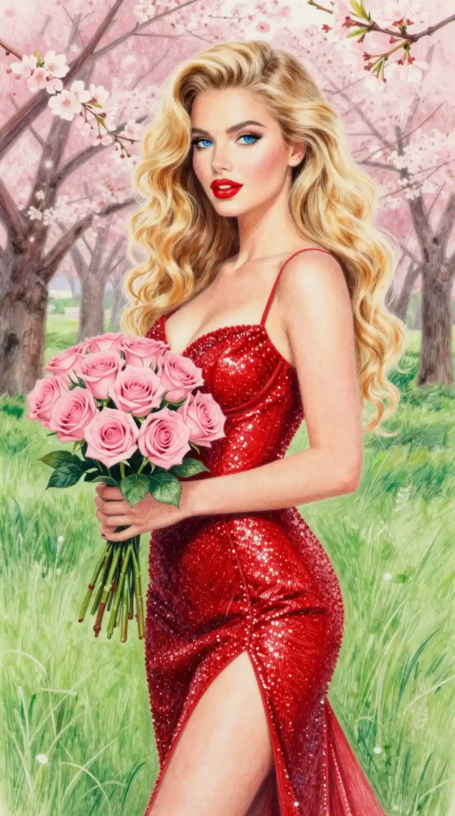 Elegant blond woman with roses in a crimson dress