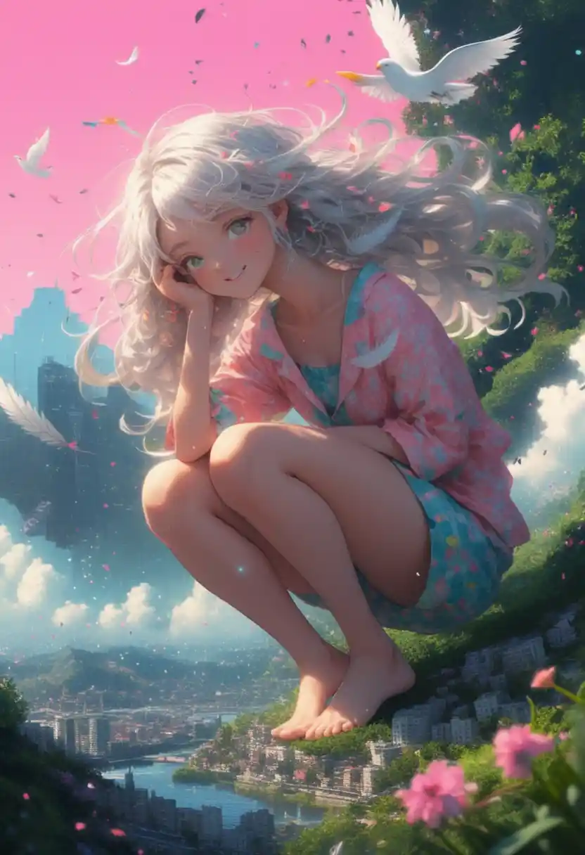 Giant pajama girl towering over tiny whimsical river city