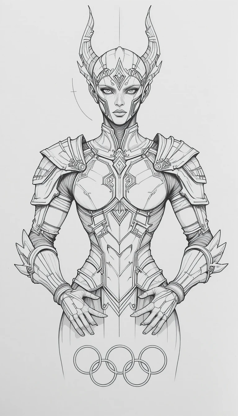 Fantasy warrior in ornate armor with horned mask sketch
