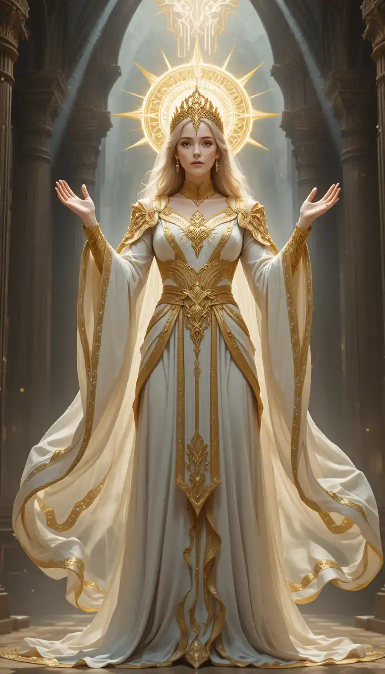 Divine fantasy queen in white and gold before a radiant altar