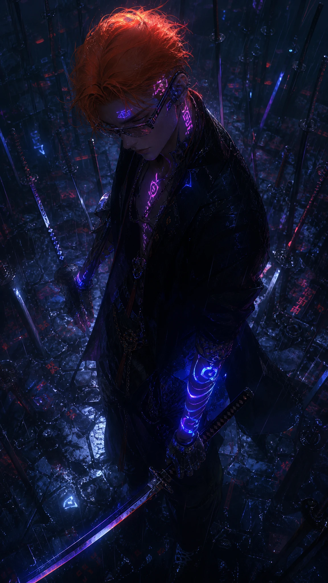 Cyberpunk warrior with glowing runes in a dark neon city