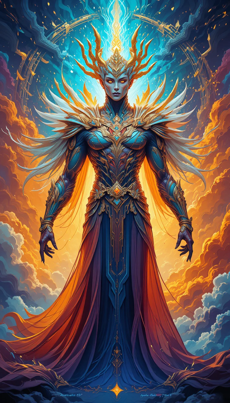 Majestic celestial guardian in ornate glowing ceremonial armor