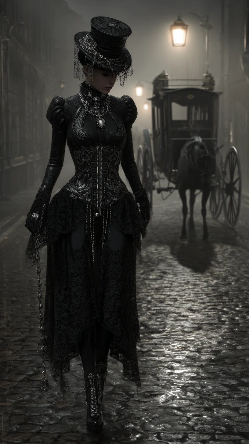 Midnight alchemist walking through a foggy victorian alley