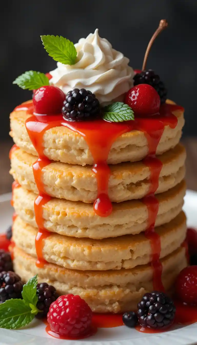 Layered custard dessert with caramel and berry toppings