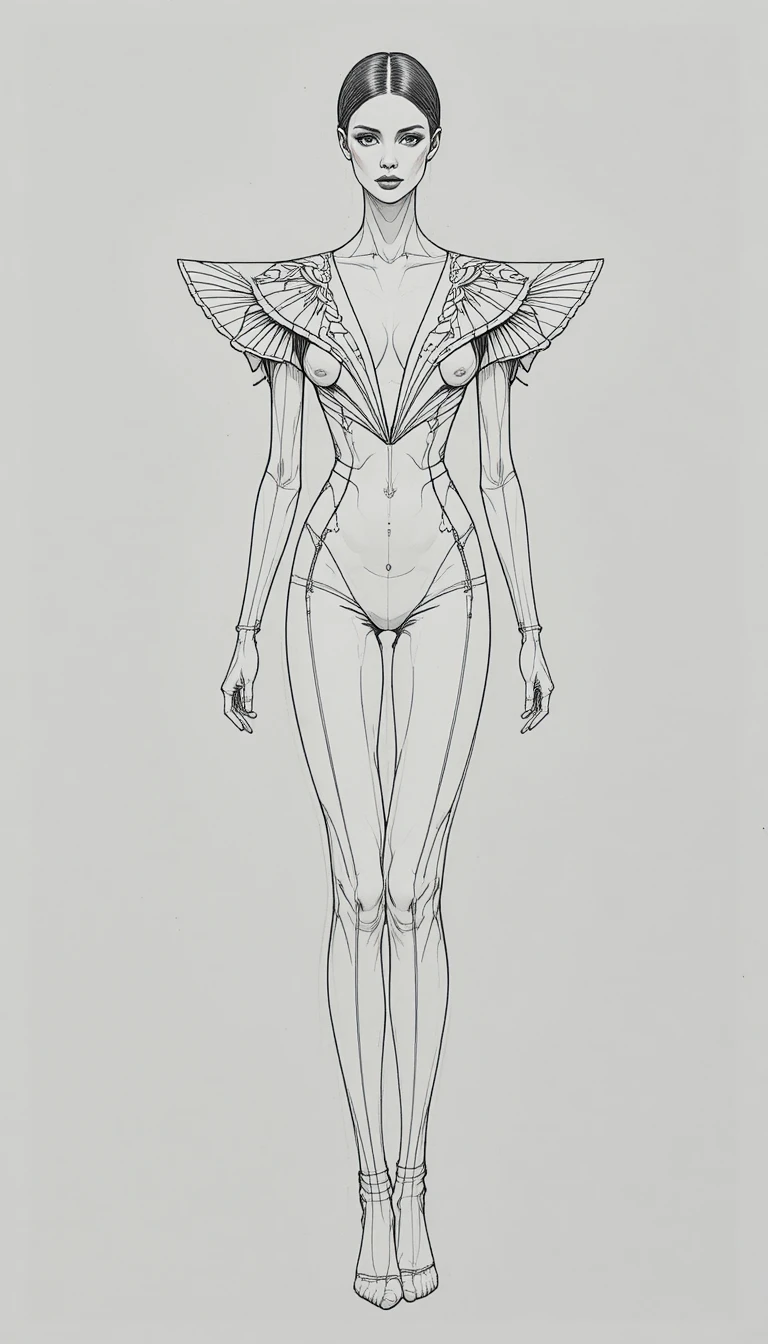 Androgynous haute couture fashion sketch with architectural gown