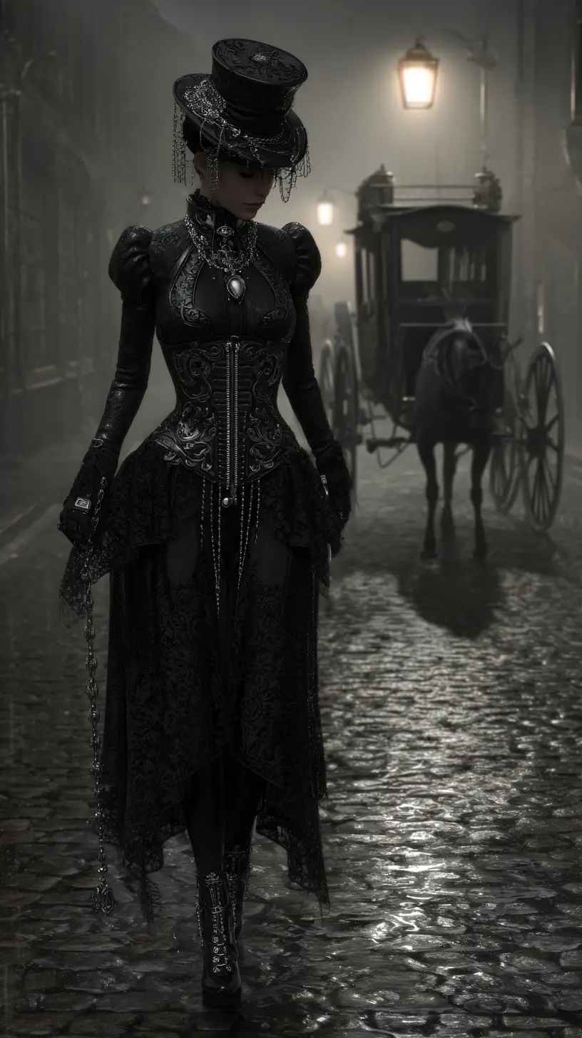 Midnight alchemist walking through a foggy victorian alley