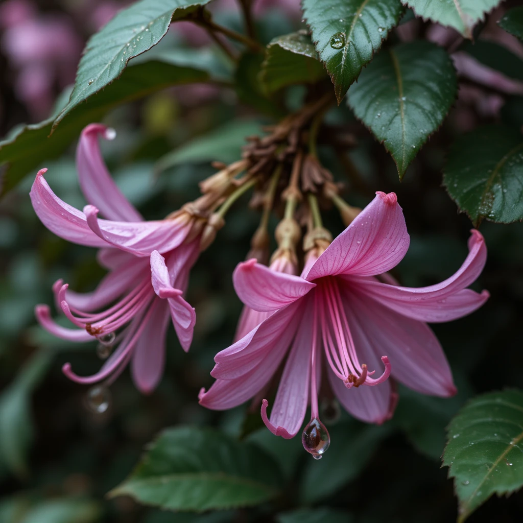 Close up pink flowers with fresh water droplets