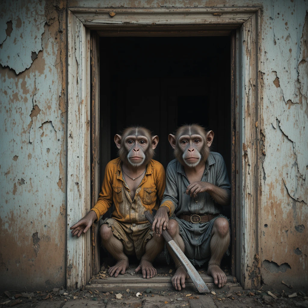 Old house with two monkeys in worn colorful clothes