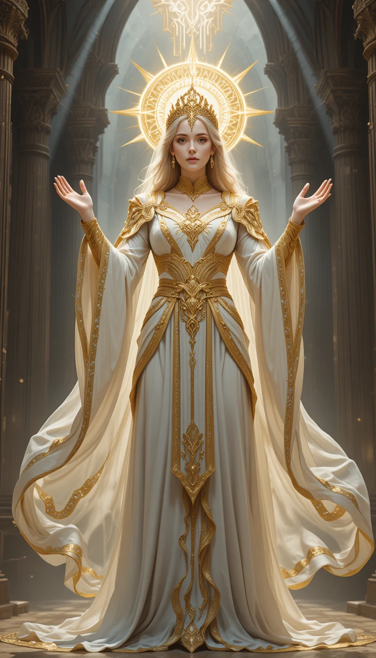 Divine fantasy queen in white and gold before a radiant altar
