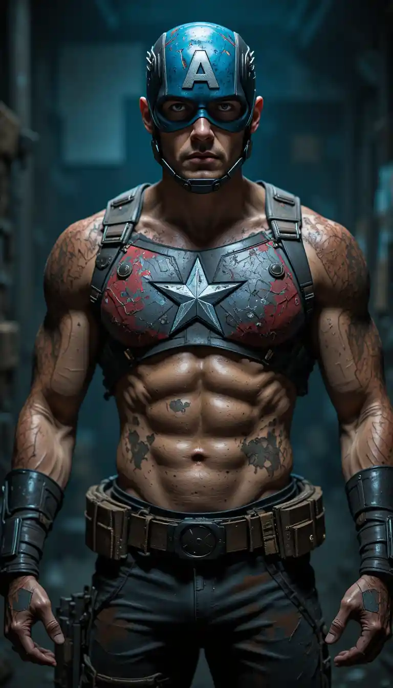 Gritty muscular man in worn superhero armor and helmet