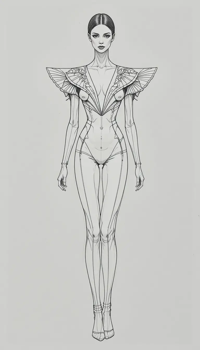 Esboço de moda haute couture andrógina com vestido arquitetônico