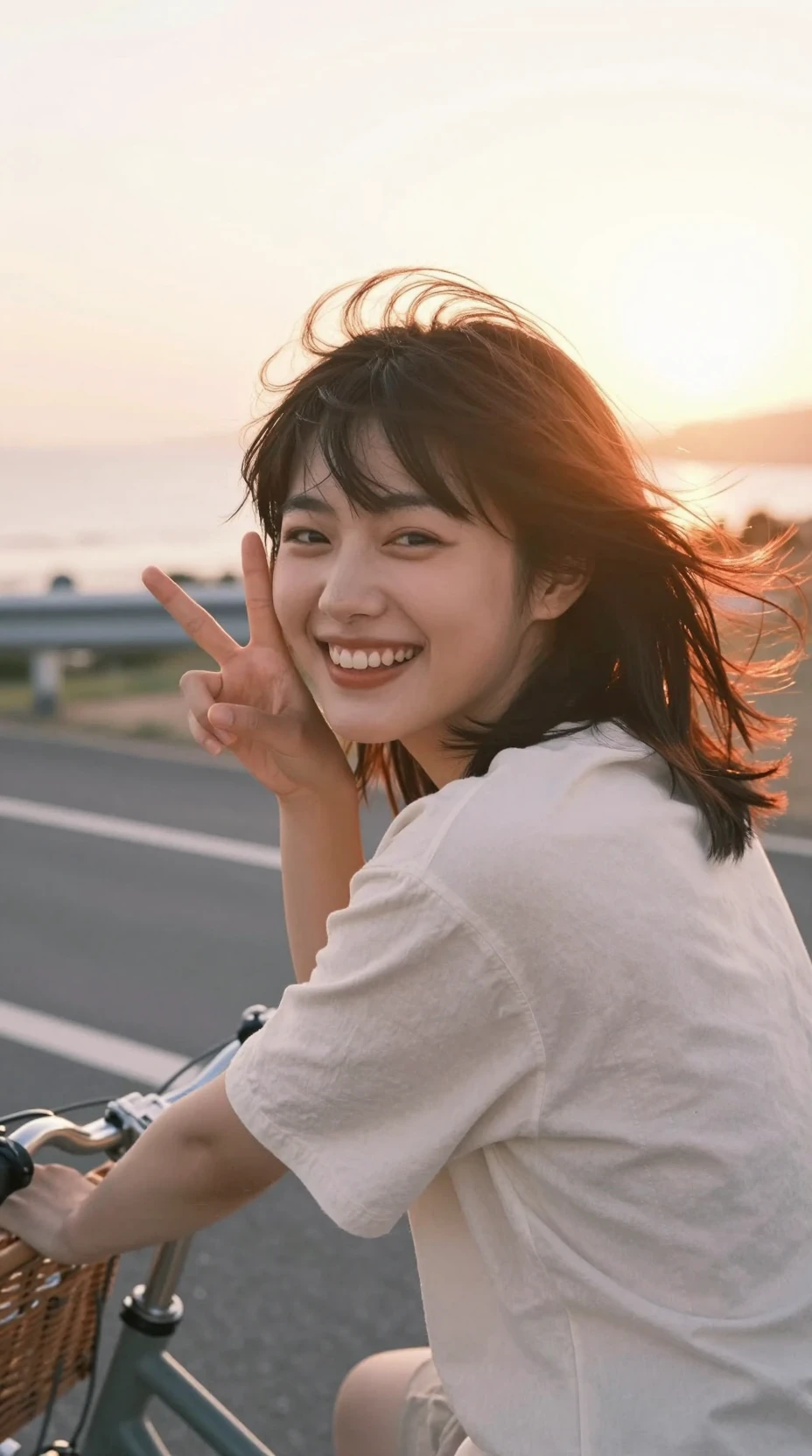 Chica japonesa sonriente en bicicleta en la costa al atardecer