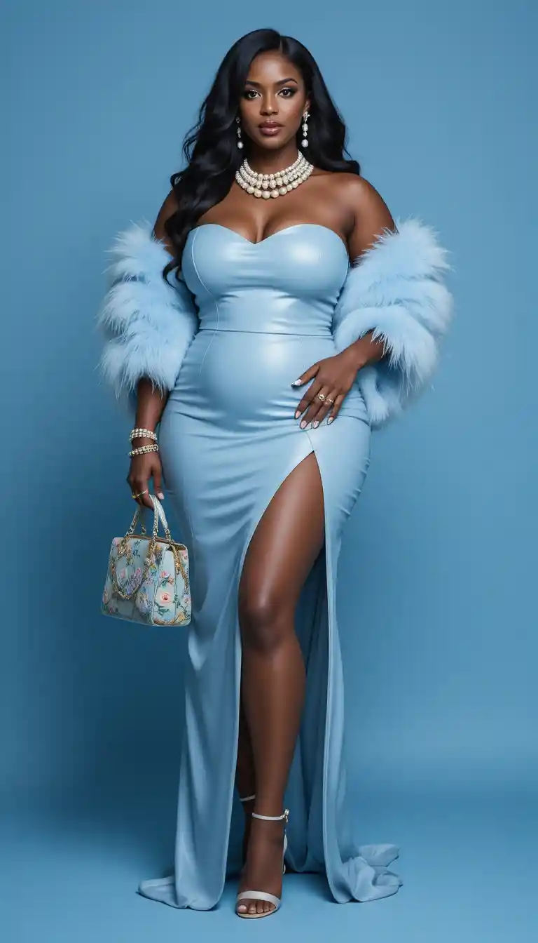 Elegant black woman in blue strapless gown with pearls