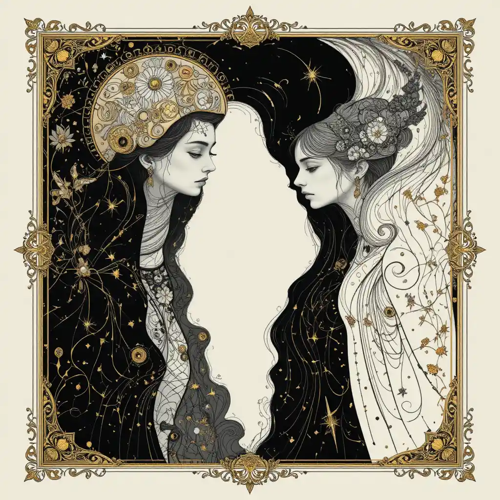 Black and white abstract illustration with hidden faces and void