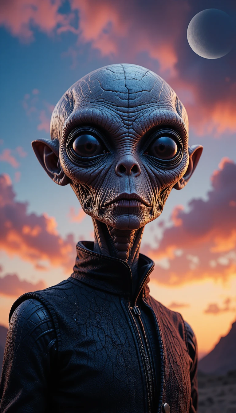 Cinematic close up of an ancient humanoid alien portrait