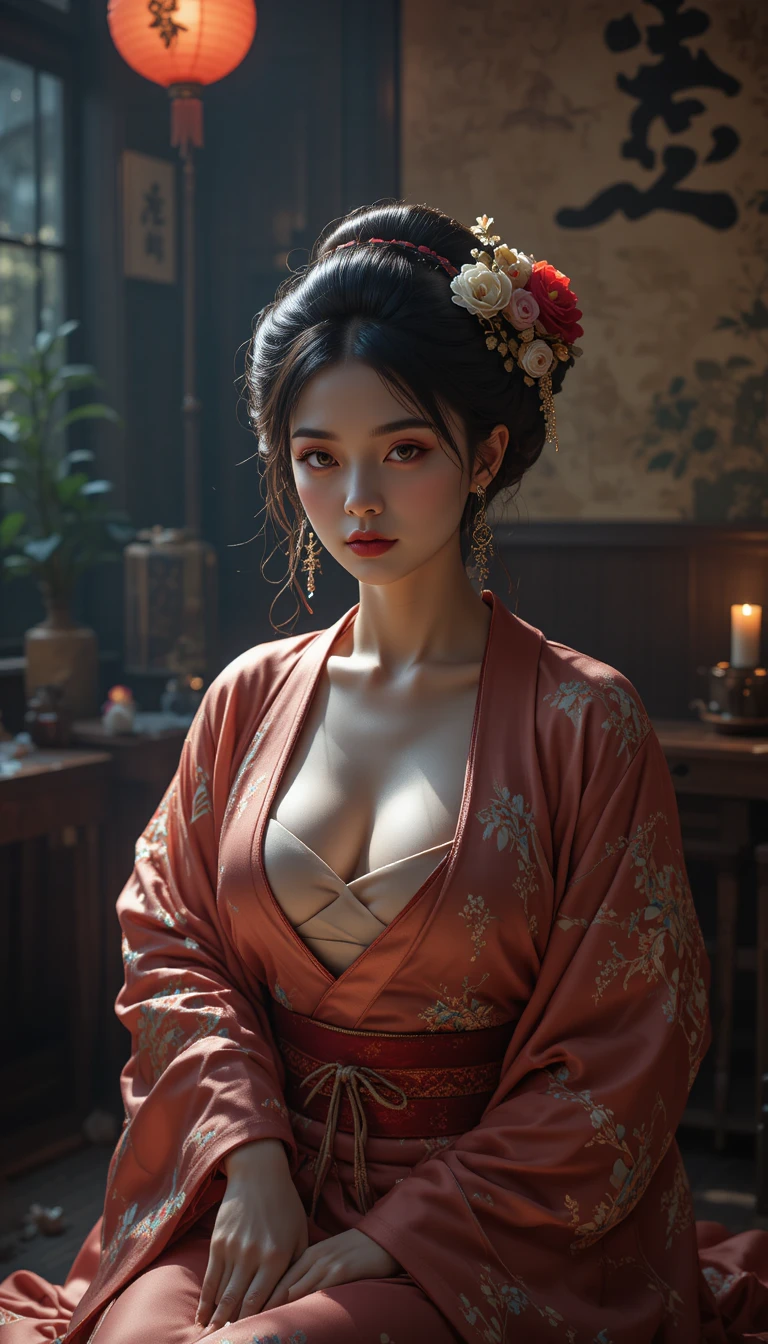 Geisha kneeling as she serves sake with flushed cheeks