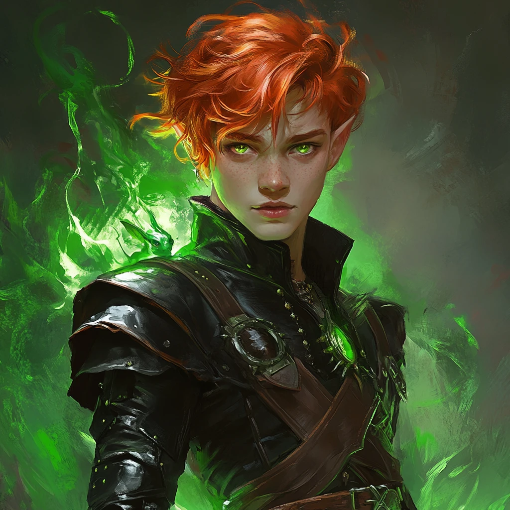 Mischievous elf warlock boy with red hair and green eyes