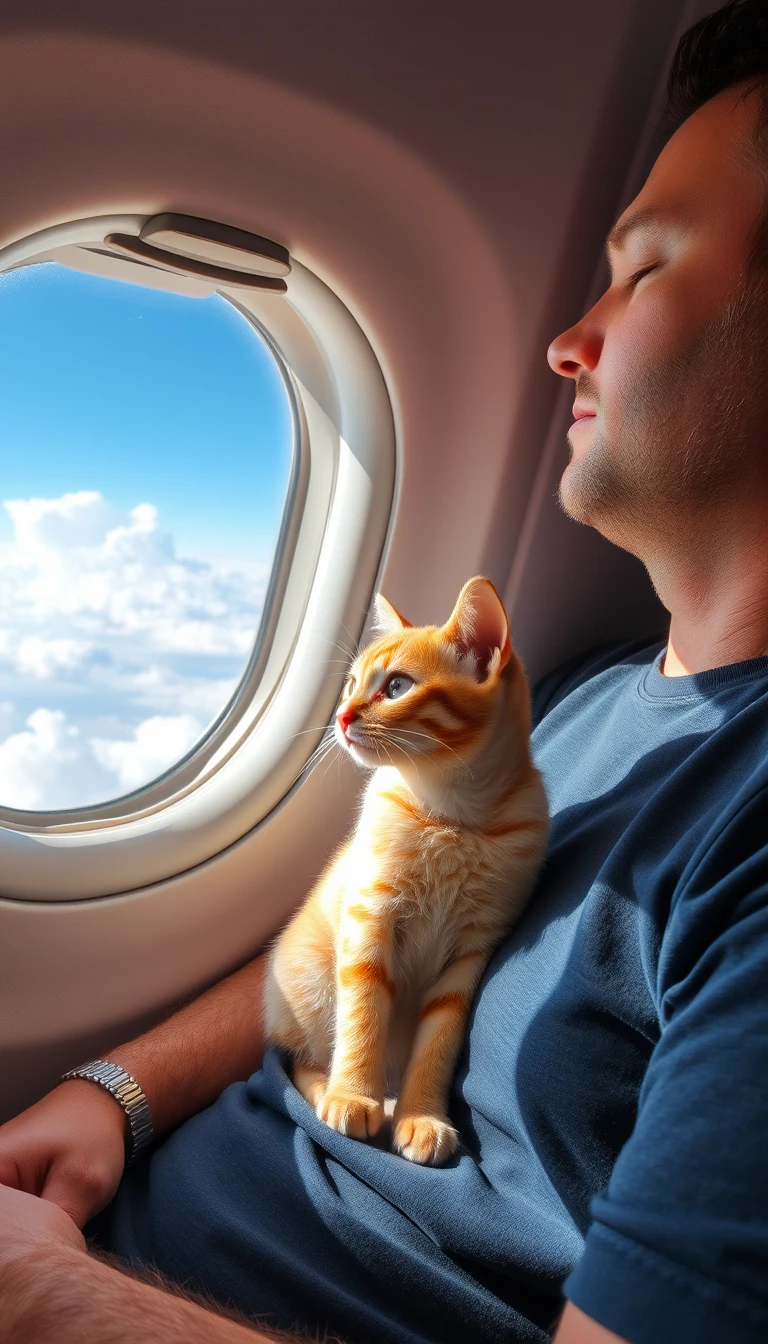 Yellow tabby cat on a mans lap looking out airplane window