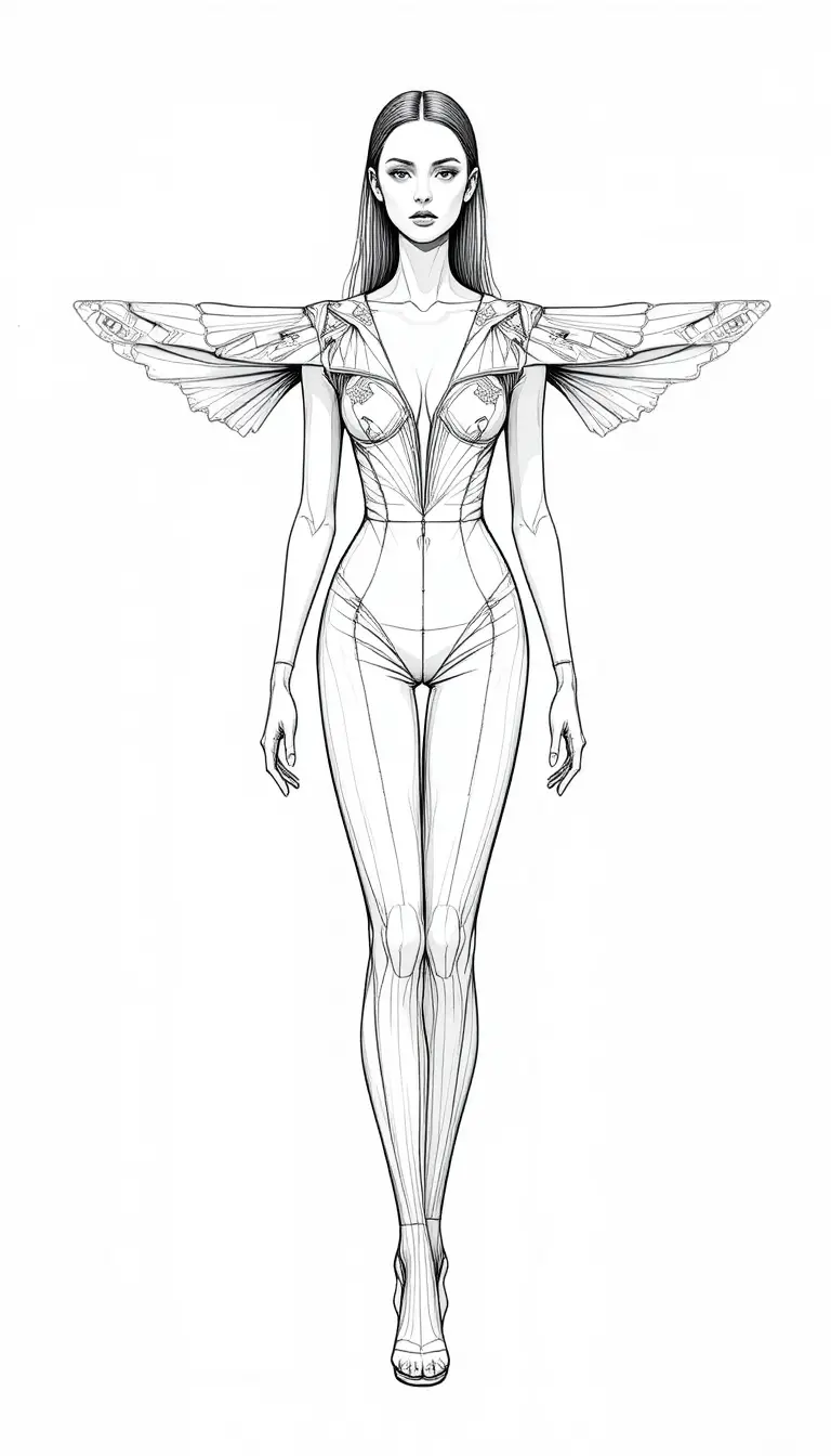 Figura de moda andrógina em vestido de alta-costura escultural – sketch