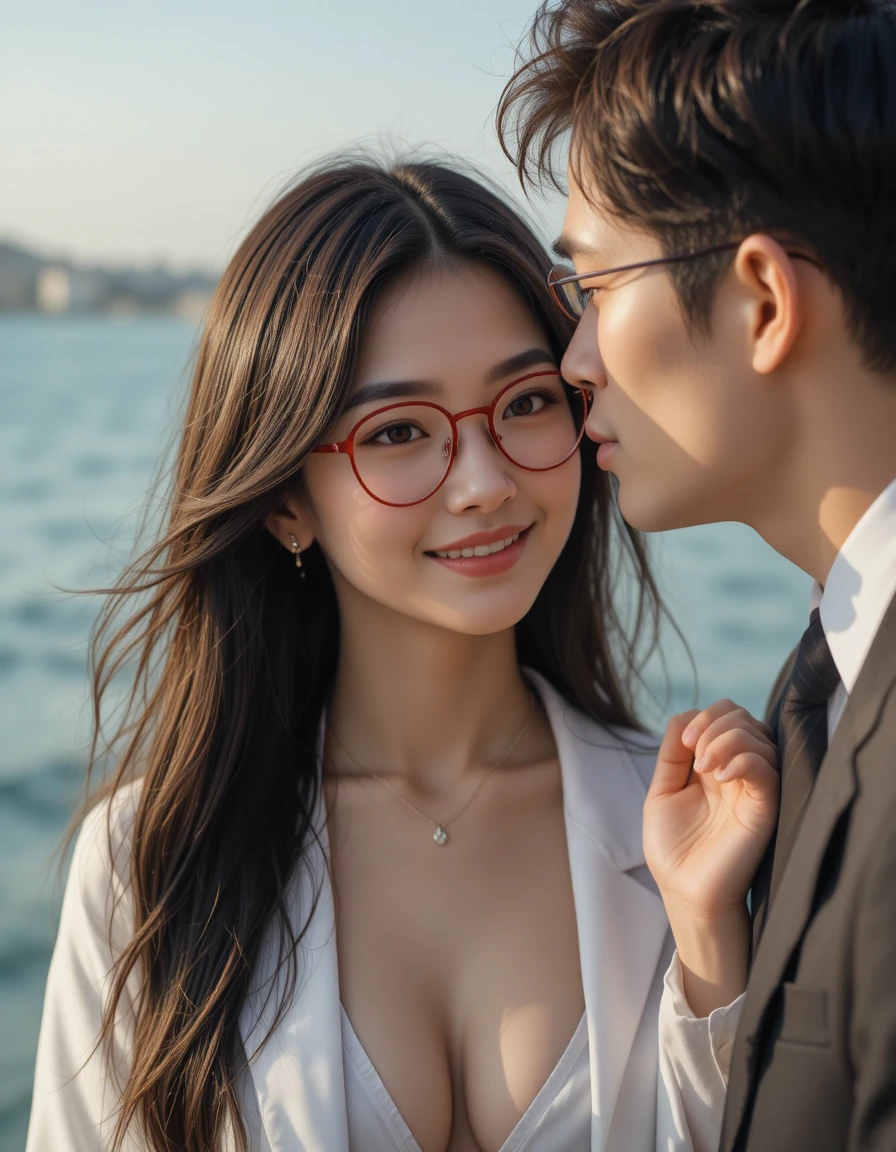 Elegant Japanese woman by the seaside with red glasses