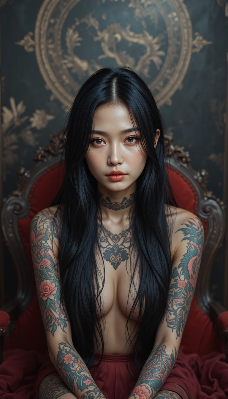 Tattooed Asian woman on ornate red chair in moody portrait