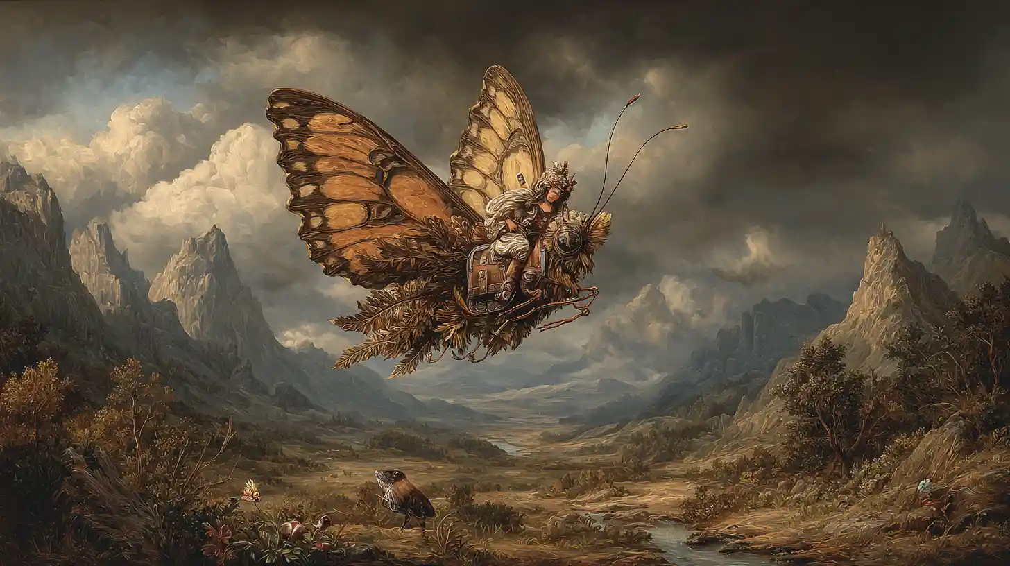 Forest fairy riding a butterfly through mountain valley