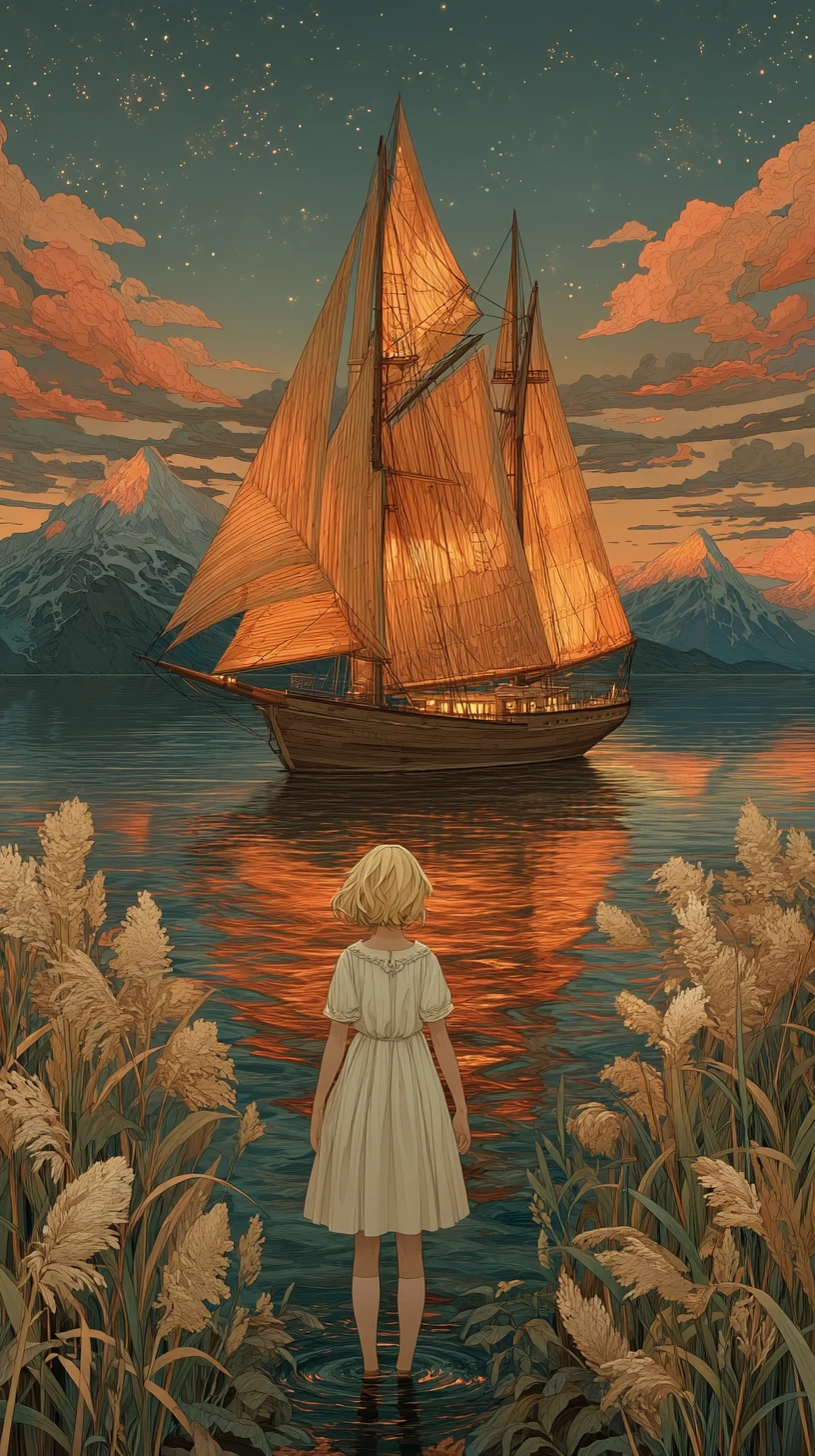 Girl Launching Magical Ship On A Golden Sunset Lake