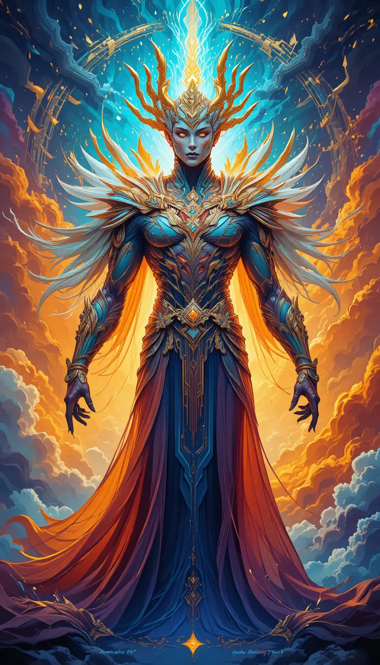 Majestic celestial guardian in ornate glowing ceremonial armor