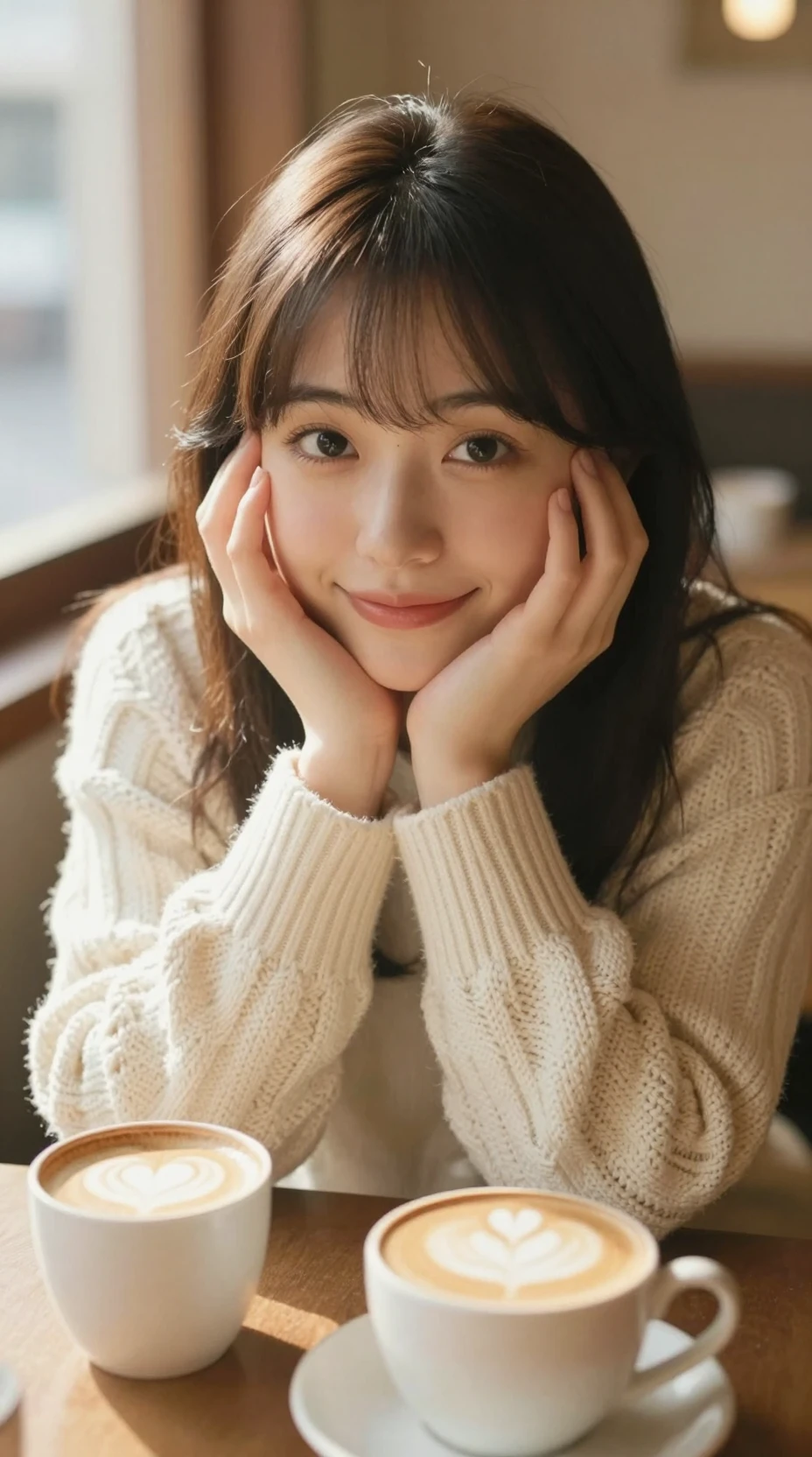 Warm close up of a girl in a cozy japanese cafe