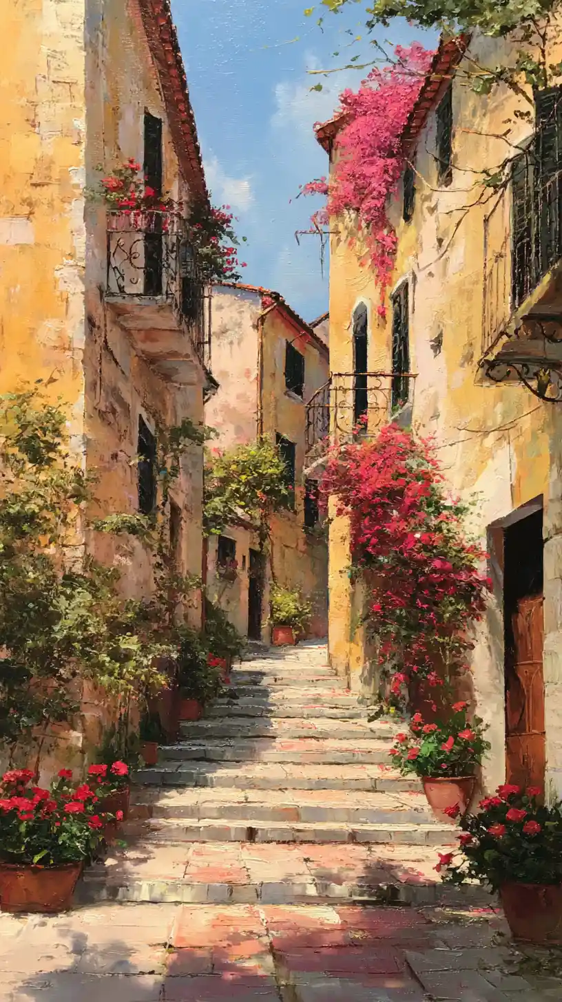 Three girls walking down a sunlit Italian village street