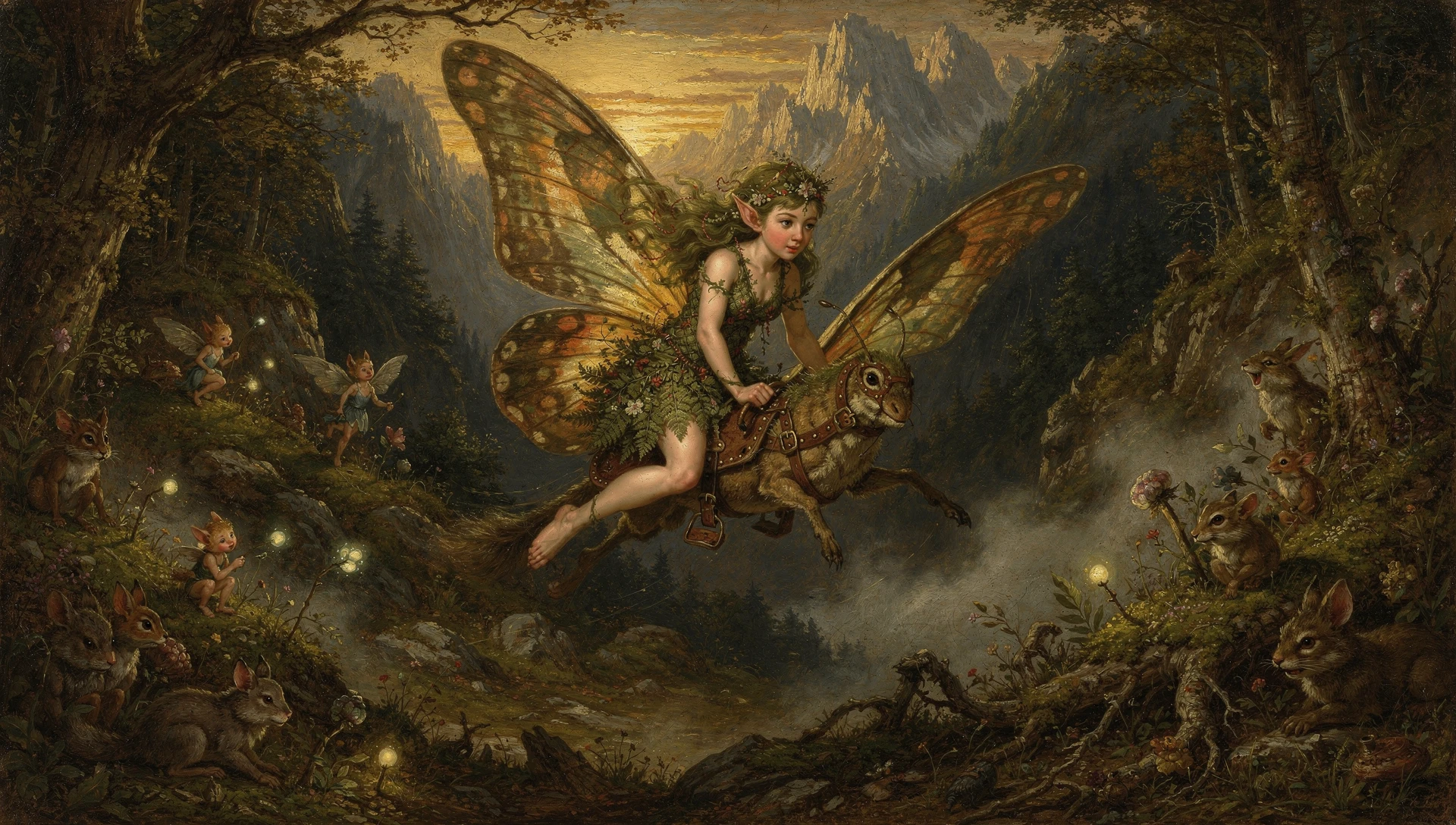 Forest fairy riding a saddleled butterfly through mountains