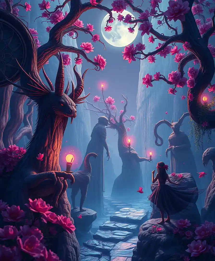 Fantasy creatures in a mystical magical landscape at night