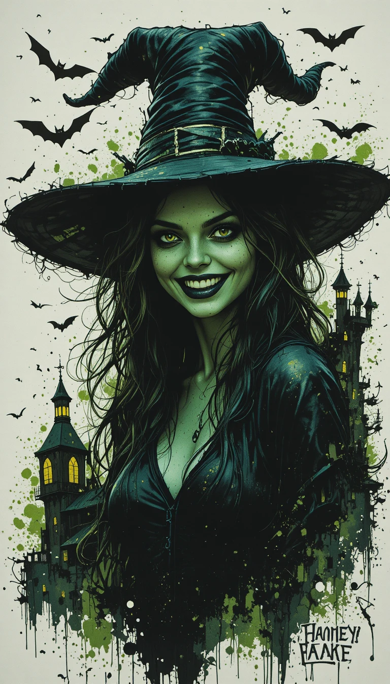 Eerie green skinned witch in a floppy hat portrait