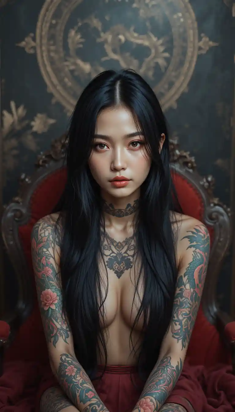 Tattooed Asian woman on ornate red chair in moody portrait