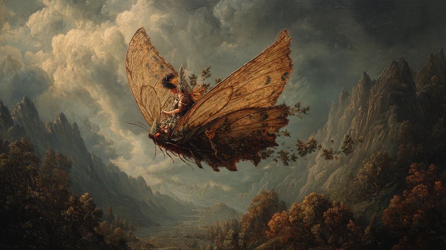 Forest fairy riding a butterfly through a mountain valley