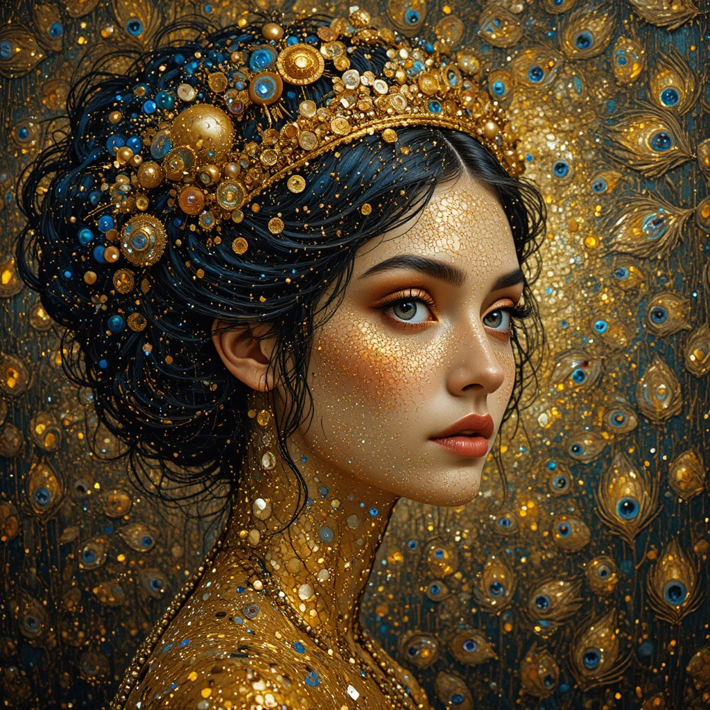 Pointillist portrait with celestial headdress and amber eyes