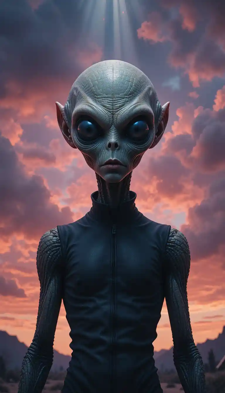 Cinematic close up of an aged alien against vibrant sky