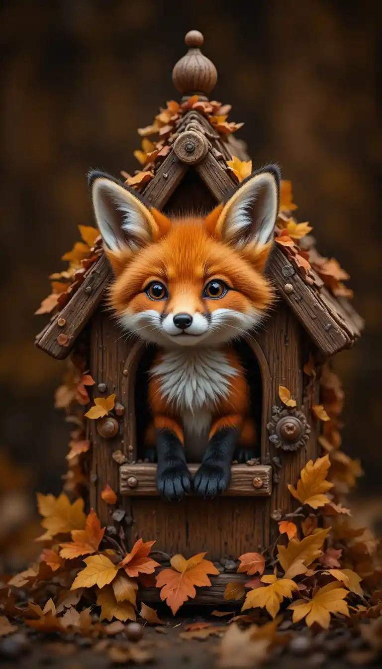 Tiny red fox peeking from a cozy autumn birdhouse