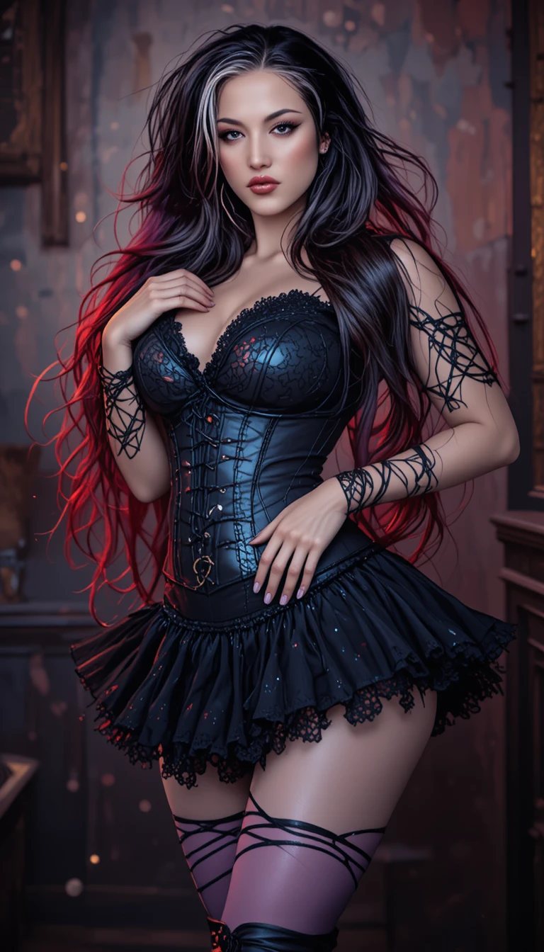 Dominant woman in black corset with dramatic cinematic lighting