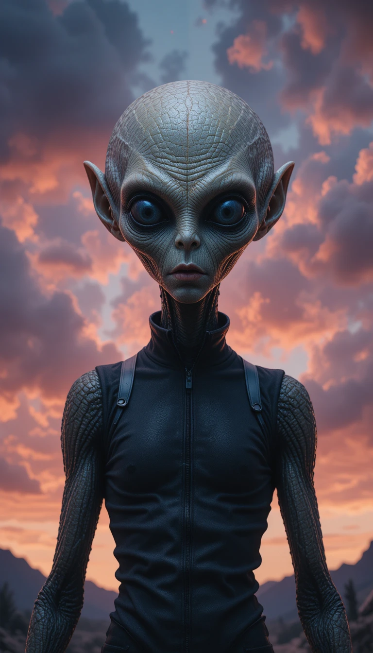 Cinematic close up of an aged humanoid alien under surreal sky