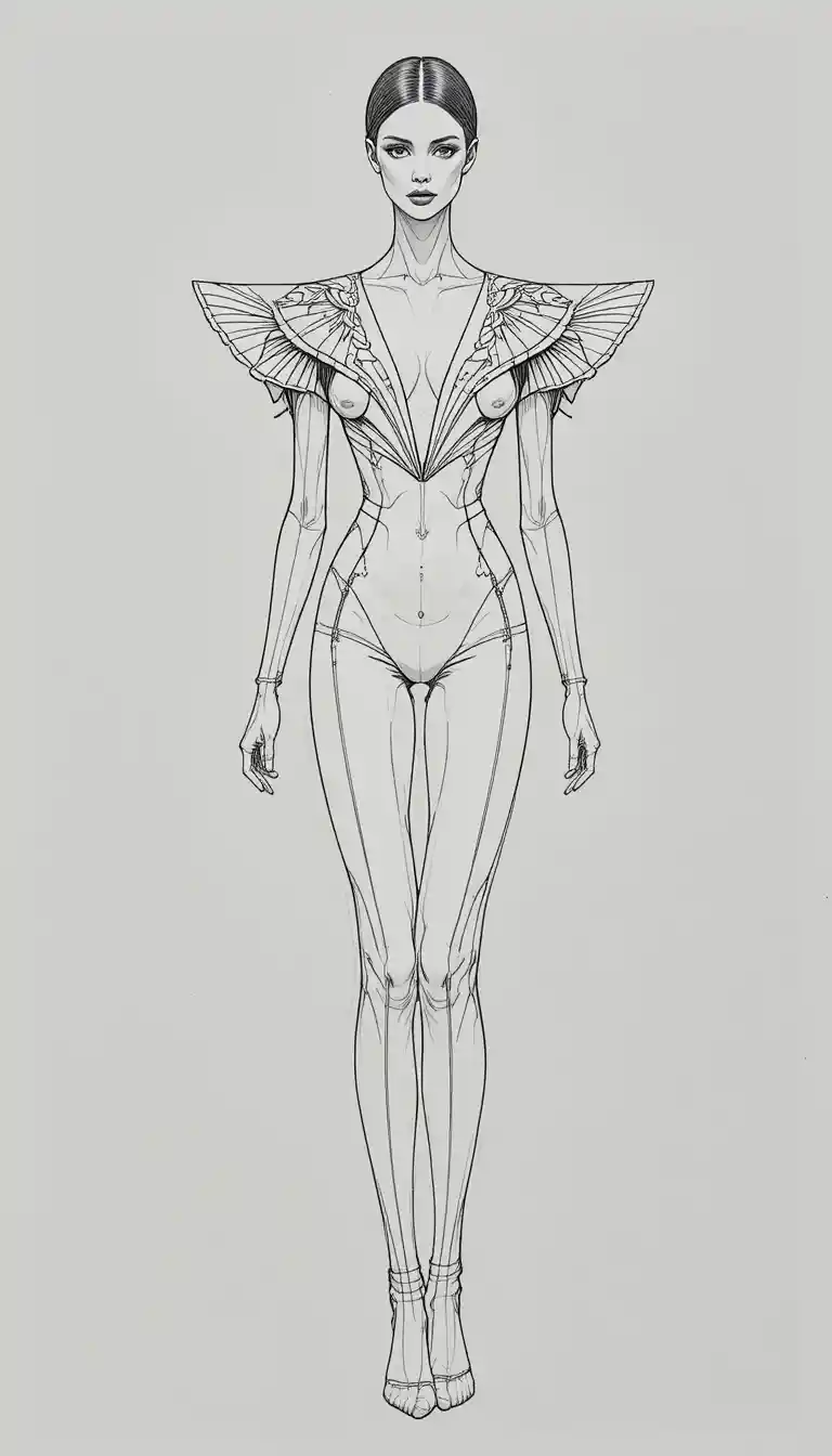 Esboço de moda haute couture andrógina com vestido arquitetônico