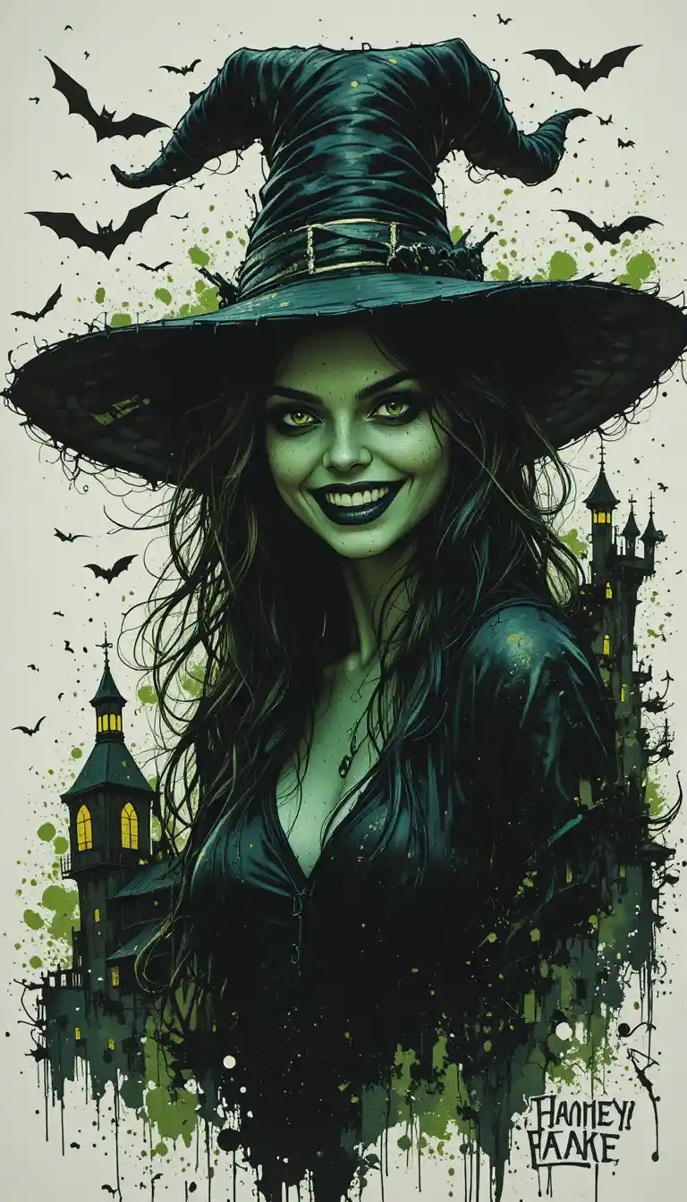 Eerie green skinned witch in a floppy hat portrait