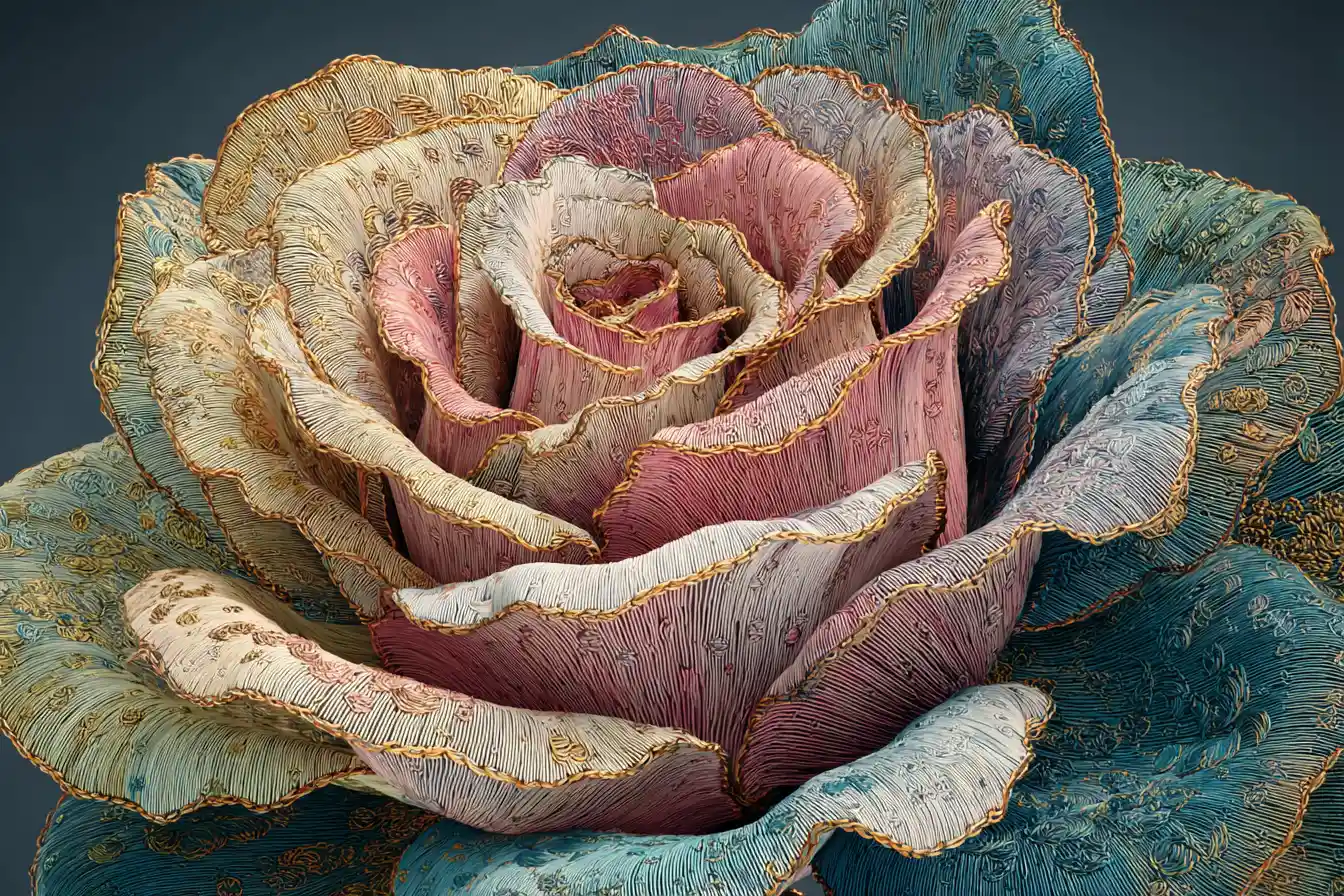 Intricate multicolored rose with ornamental patterned petals