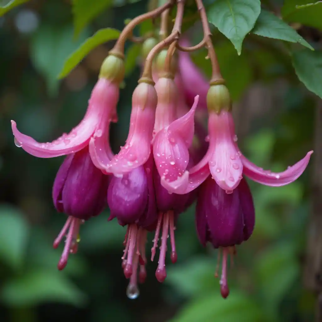 Close up pink flowers with water droplets in garden