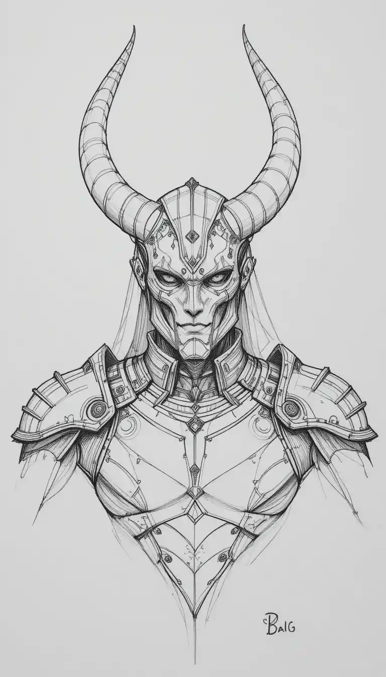Horned fantasy armored bust pencil concept drawing
