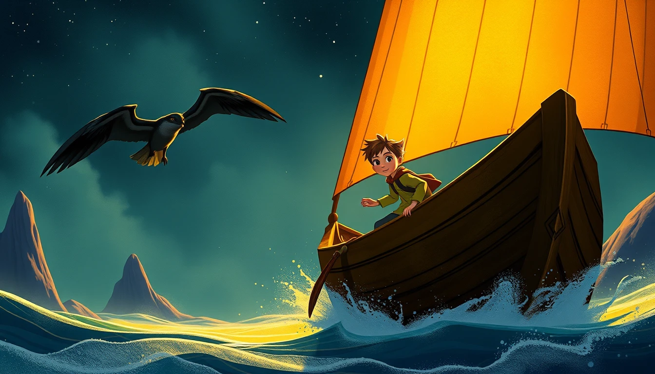 Cartoon animal friends fall from Noahs ark into the sea