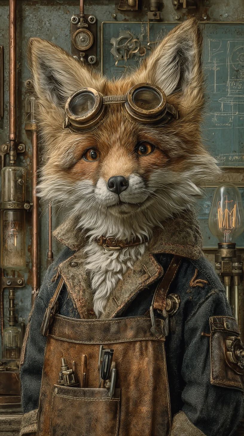 Fox artisan soldering a glowing clockwork heart in workshop